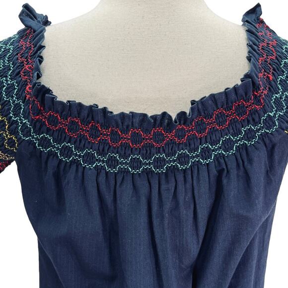 Trina Turk Embroidered Off The Shoulder Smocked Blouse Cotton Indigo Small NWT - Picture 9 of 12